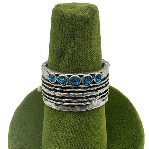 Handcrafted Silver Ring With Blue Gemstones One Size Adjustable Stretch - Picture 2 of 5
